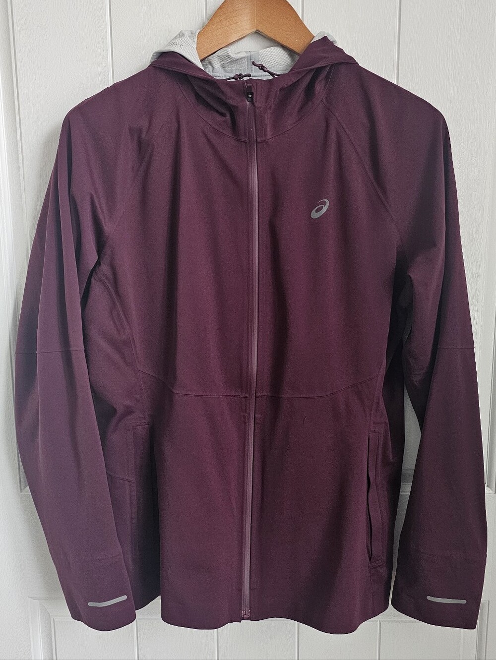 Asics Maroon Lightweight Full Zip Hooded Running Windbreaker Jacket Size L